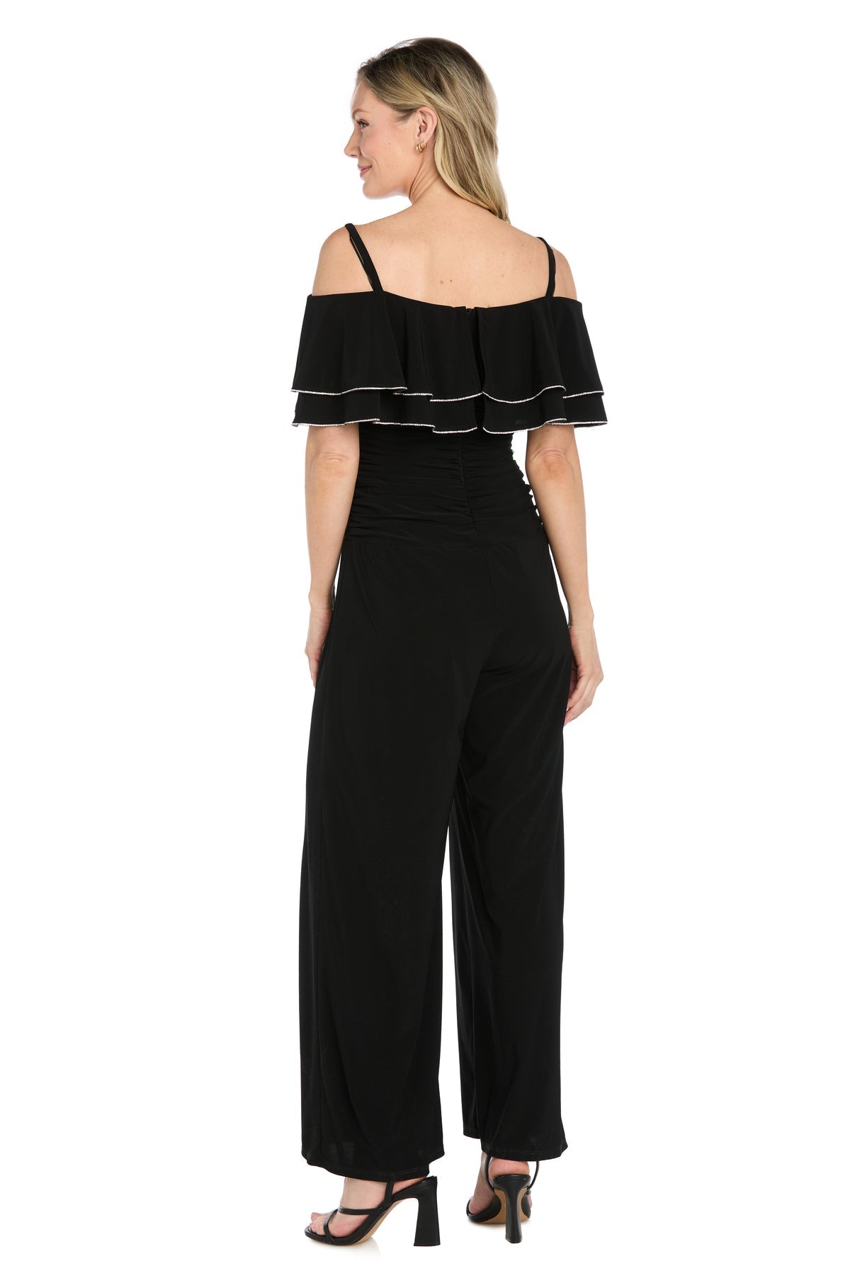 Black R&M Richards 5602 Cold-Shoulder Floor-Length Sequin Jumpsuit Ruffle