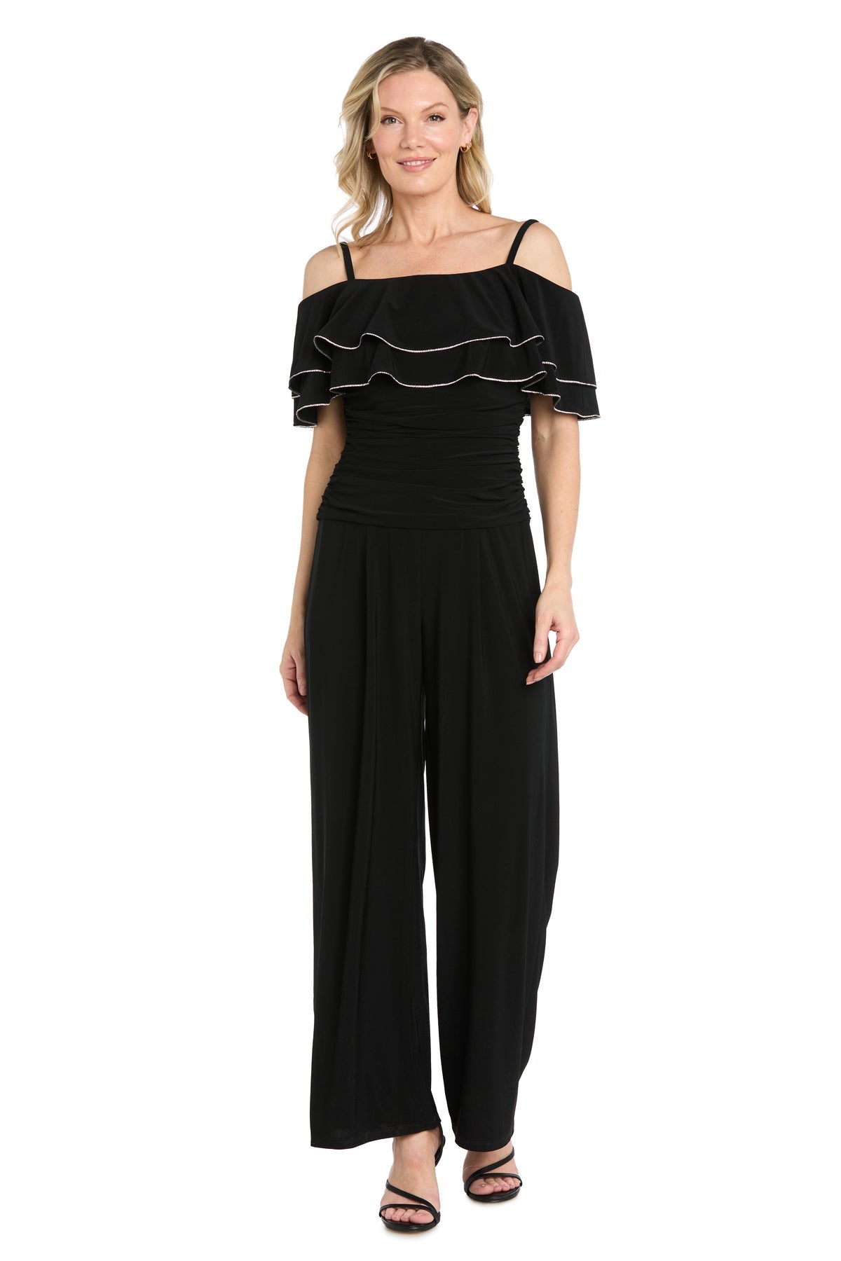 Black R&M Richards 5602 Cold-Shoulder Floor-Length Sequin Jumpsuit Ruffle