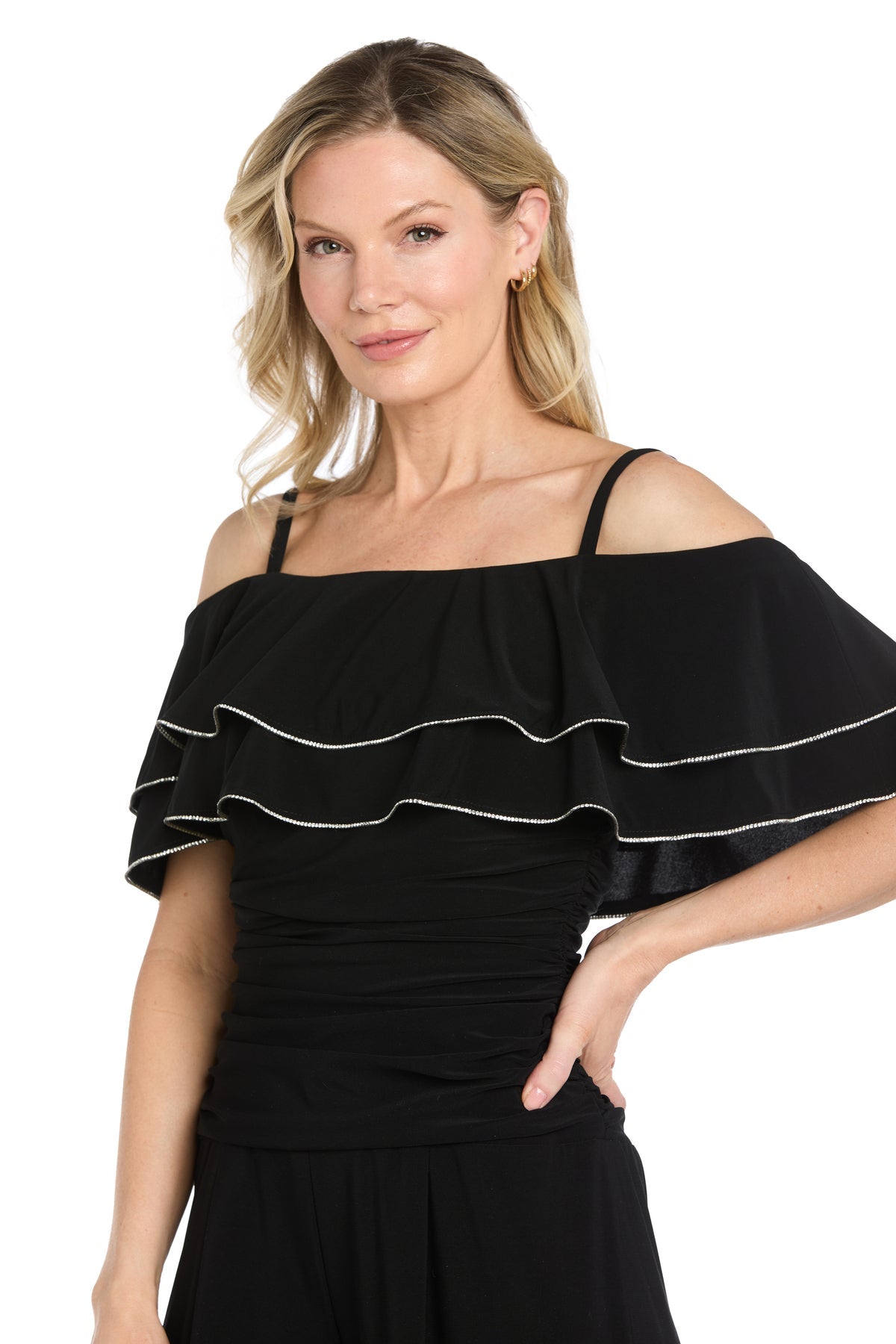 Black R&M Richards 5602 Cold-Shoulder Floor-Length Sequin Jumpsuit Ruffle