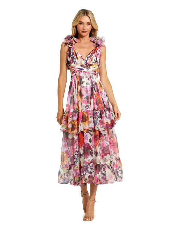 Short Floral Ruffle Tiered Cocktail Midi Dress Floral Ruffle Tiered Cocktail Midi Short Mac Duggal 56048
