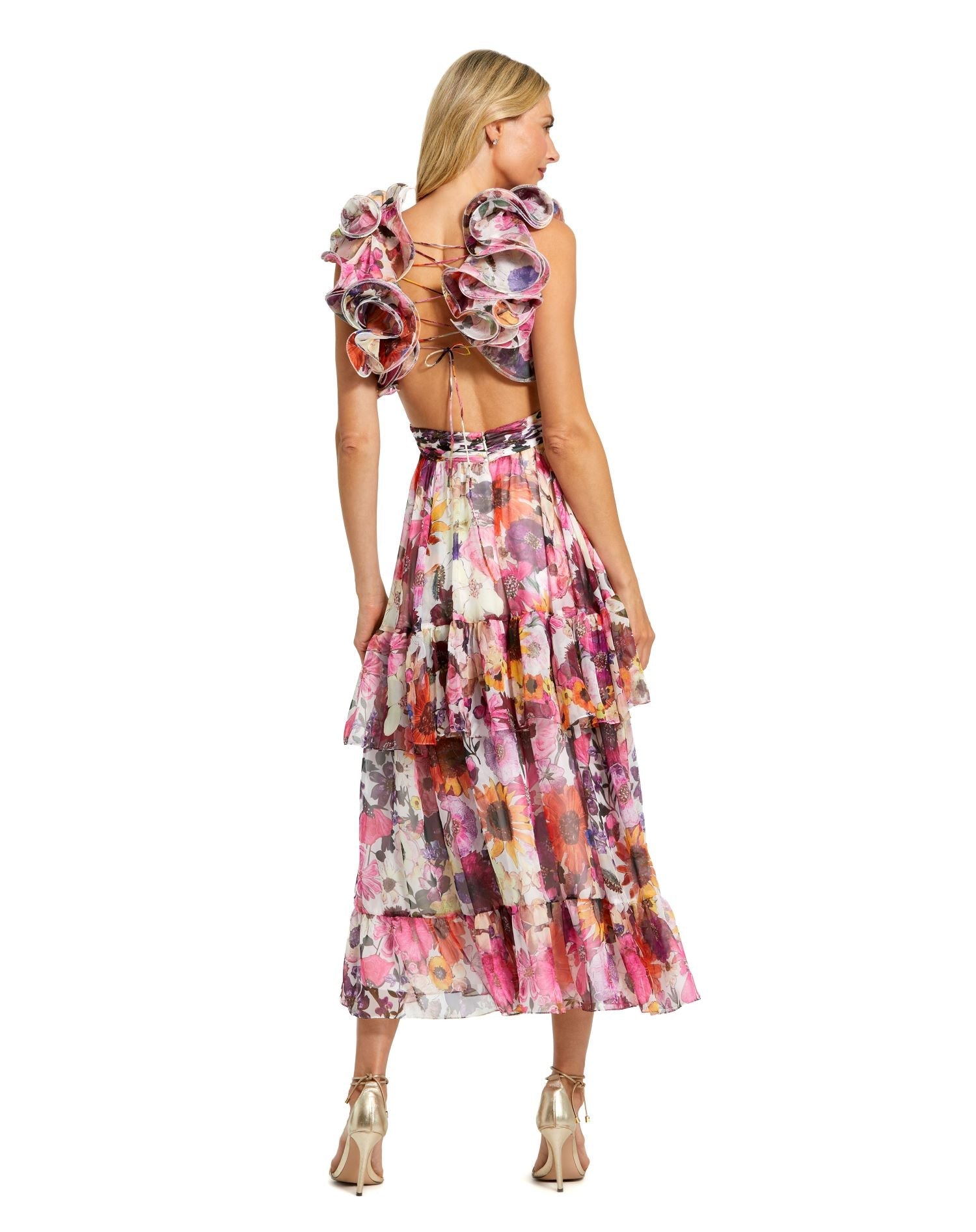 Mac Duggal 56048 Short Floral Ruffle Tiered Cocktail Midi Dress