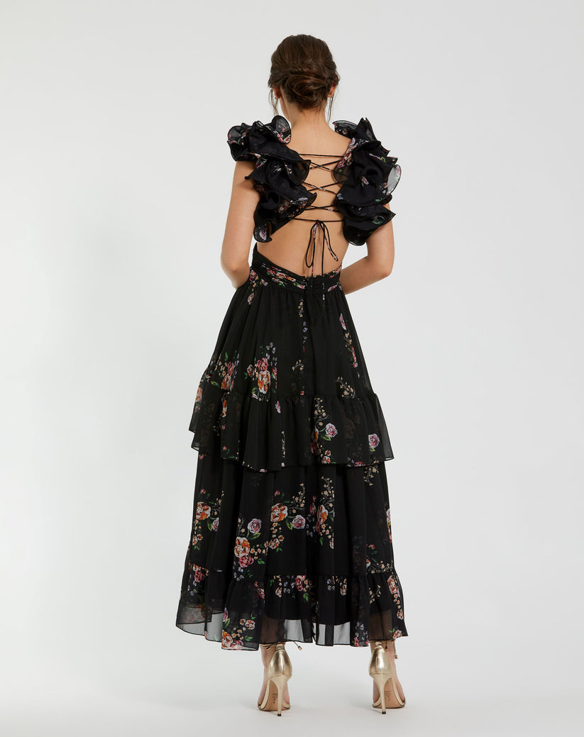 Mac Duggal 56054 A Line Floral Print Long Formal Prom Dress