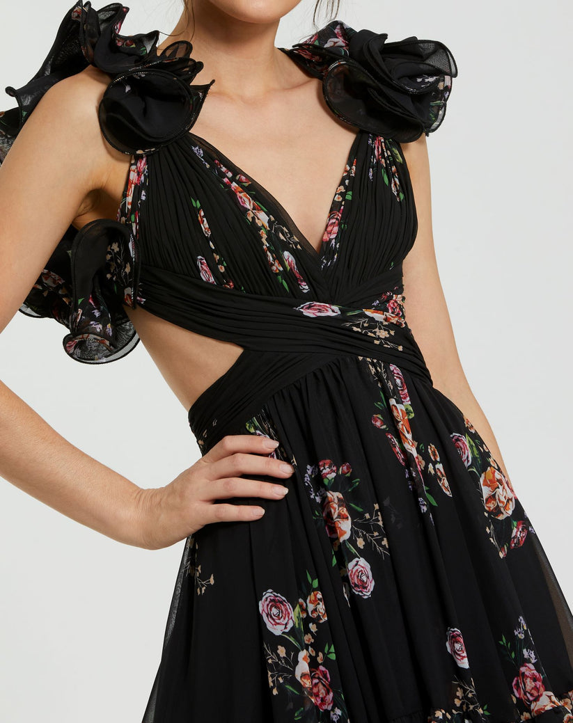 Mac Duggal 56054 A Line Floral Print Long Formal Prom Dress