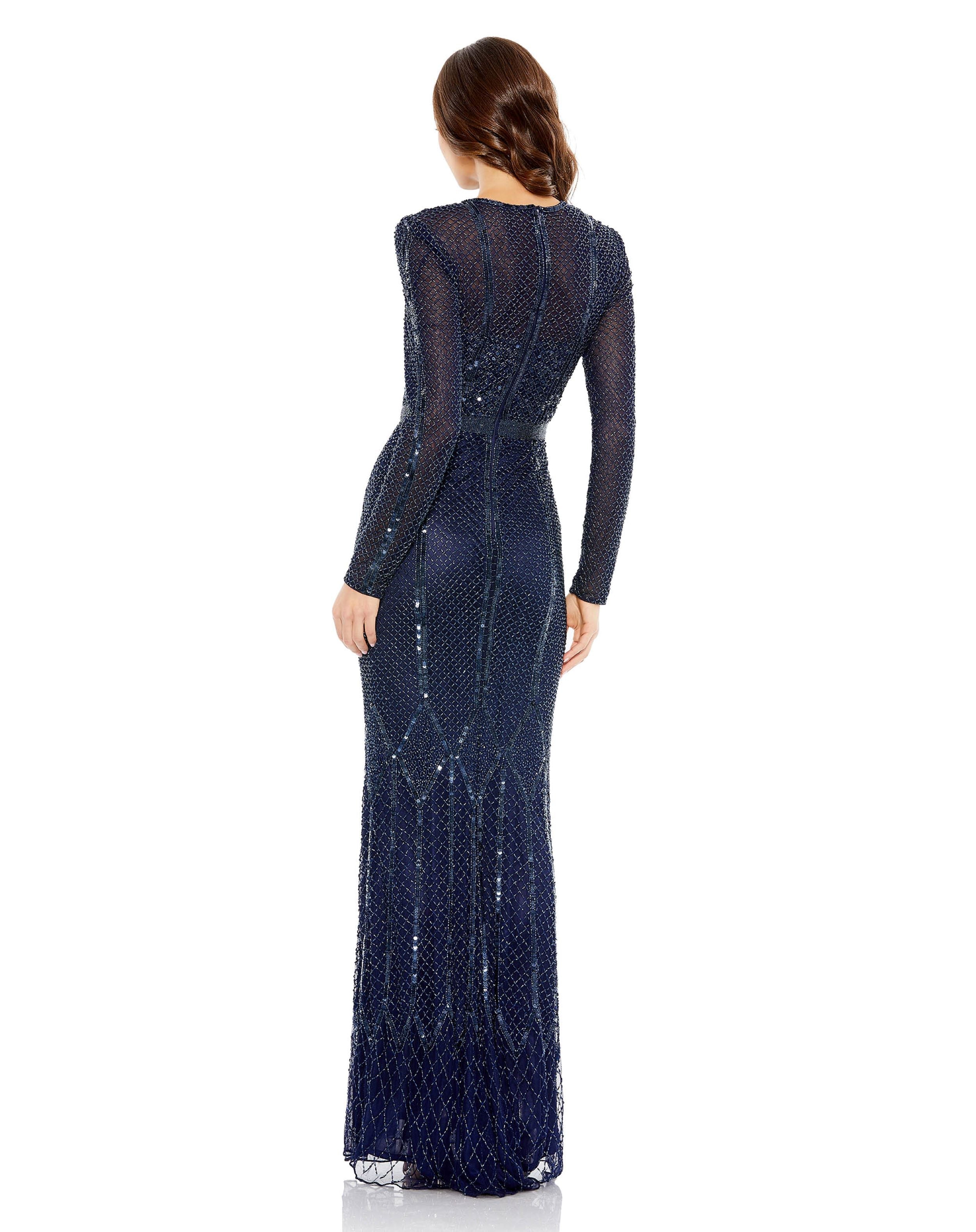 Prom Dresses Long Sleeve Fitted Beaded Formal Prom Dress Midnight