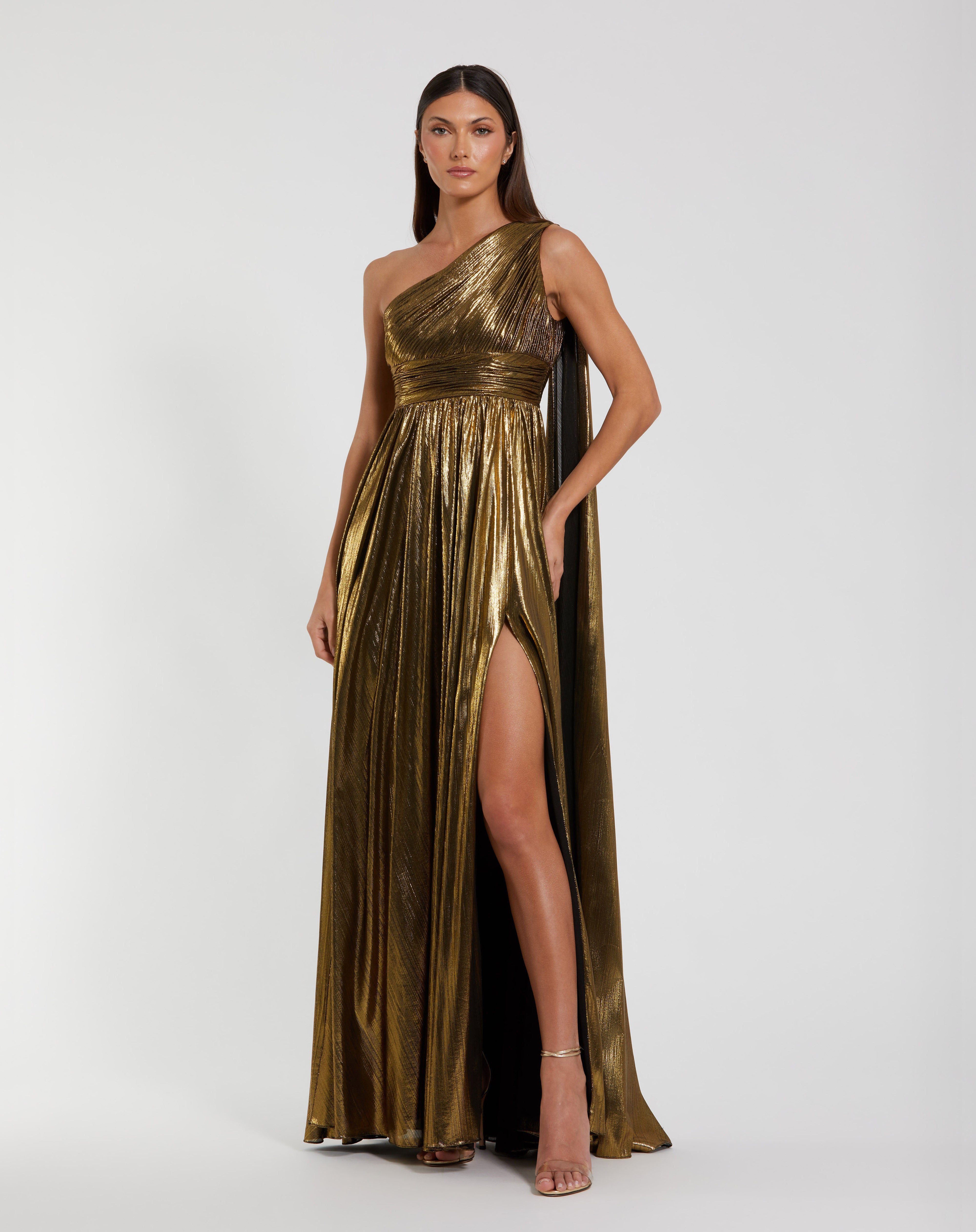Gold One-Shoulder Floor-Length Metallic Pleated Prom High Slit Mac Duggal 56086