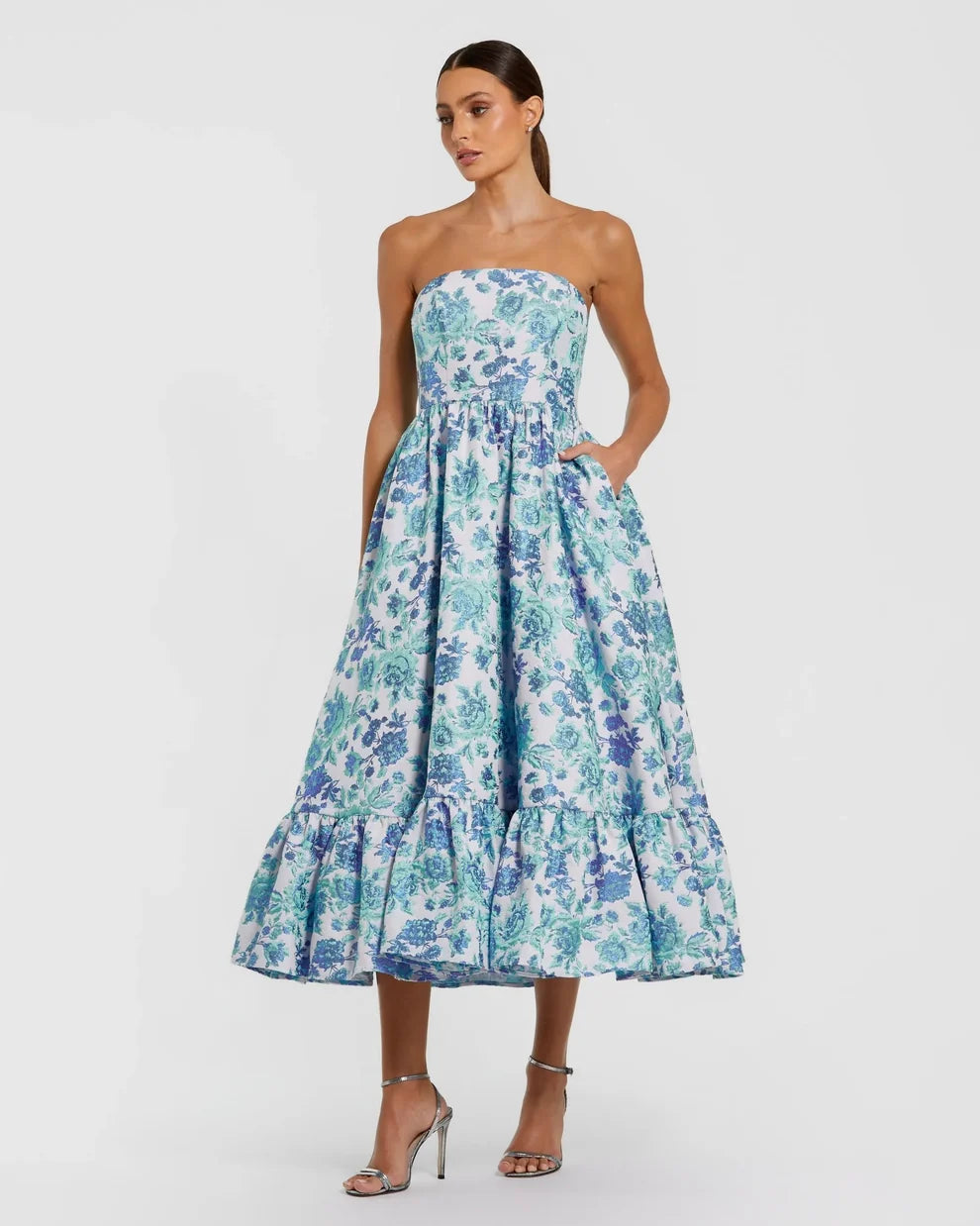 Prom Dresses Tea Length Floral Ruffle Cocktail Dress Blue Multi