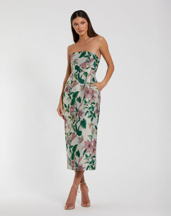 Floral Tea Length Cocktail Dress Fitted Midi Mac Duggal 56097