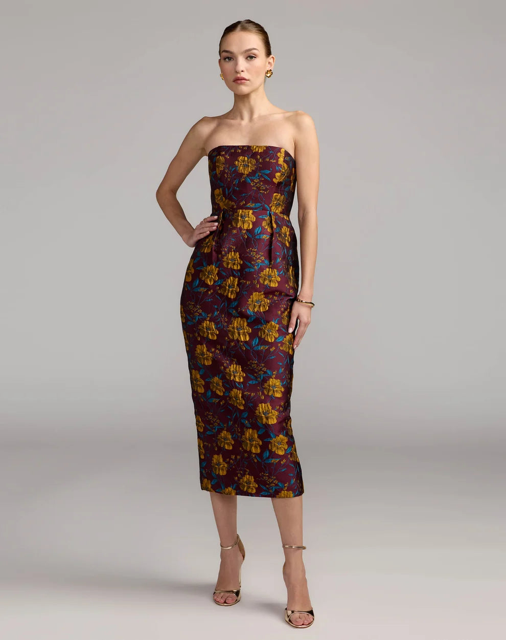 Cocktail Dresses Fitted Midi Floral Tea Length Cocktail Dress Plum Multi
