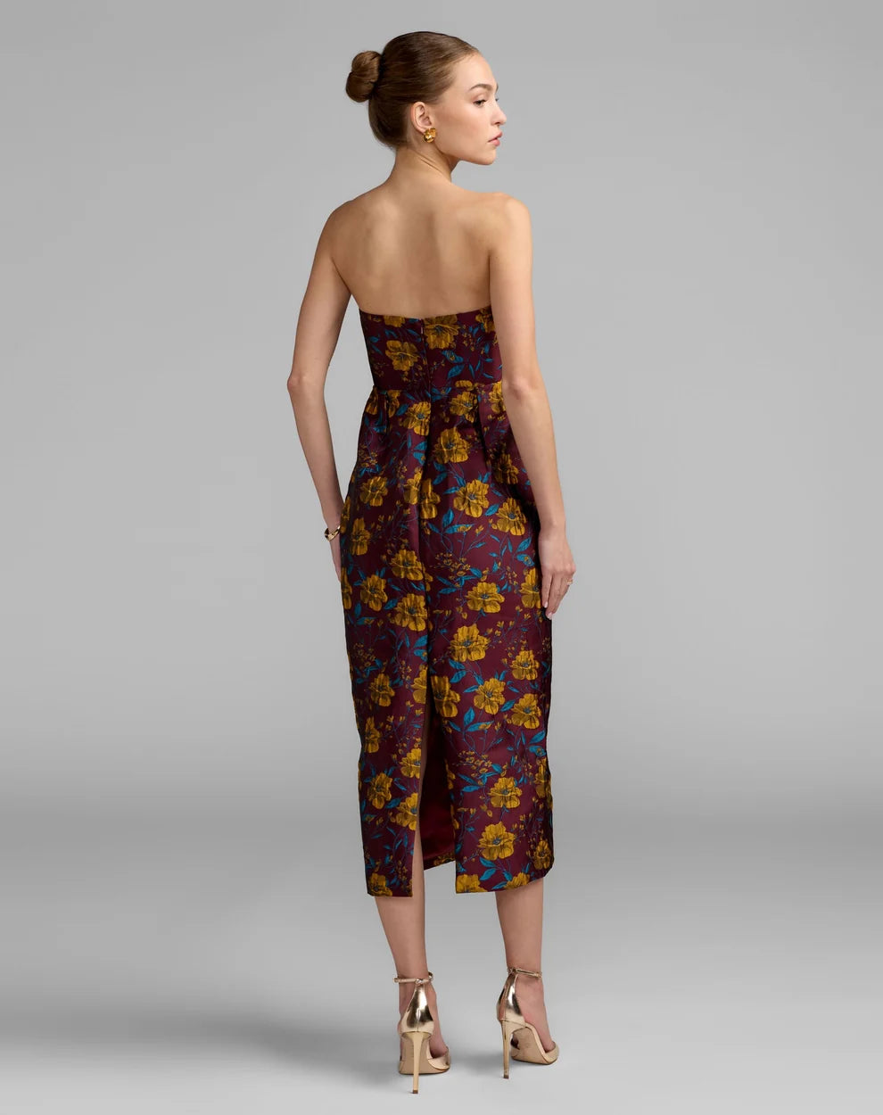 Cocktail Dresses Fitted Midi Floral Tea Length Cocktail Dress Plum Multi