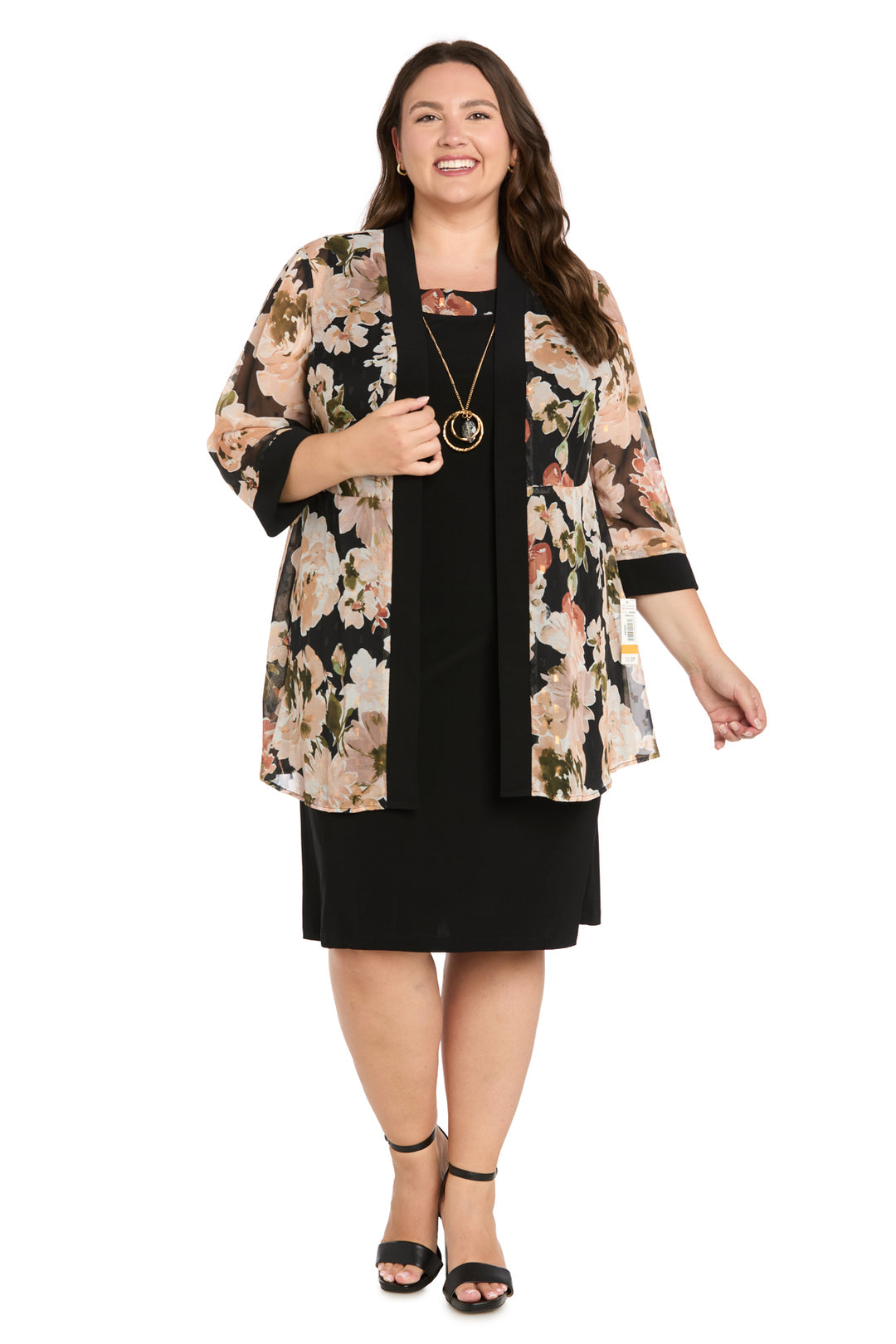 Tan/Black R&M Richards 5609W Scoop Neck Knee-Length Chiffon Formal Floral Jacket Dress