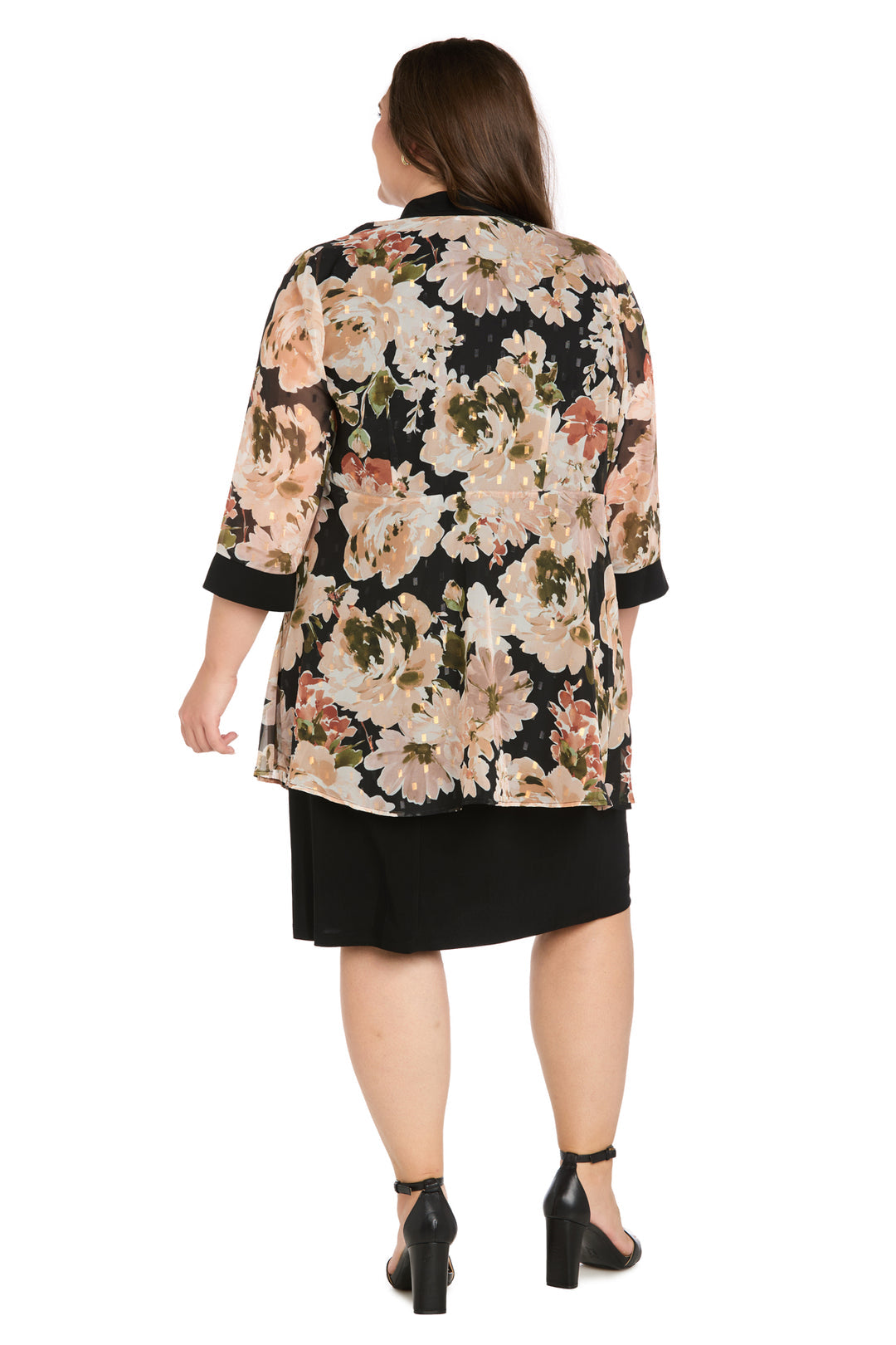 Tan/Black R&M Richards 5609W Scoop Neck Knee-Length Chiffon Formal Floral Jacket Dress