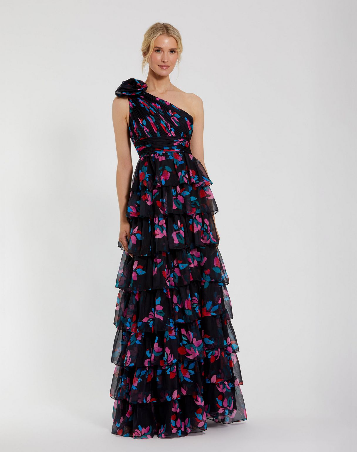 Mac Duggal 56120 Prom Long Ruffle Floral Printed Formal Dress