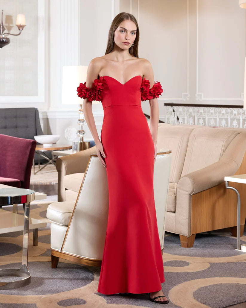 Mac Duggal Women's Crepe 3D Flower Off-The-Shoulder Gown - Rose - Size 8 Mac Duggal Women's Crepe 3D Flower Off-The-Shoulder Gown - Rose - Size 8