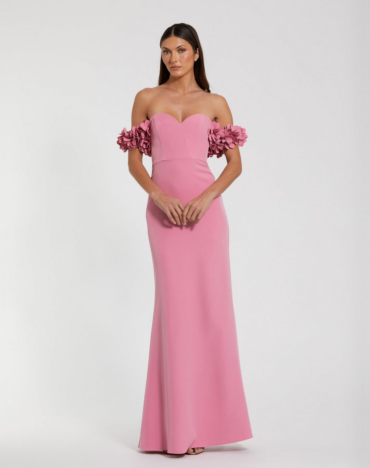 mac duggal della petal appliqué halter mini dress Pink Crepe Off The Shoulder Gown With 3D Flowers