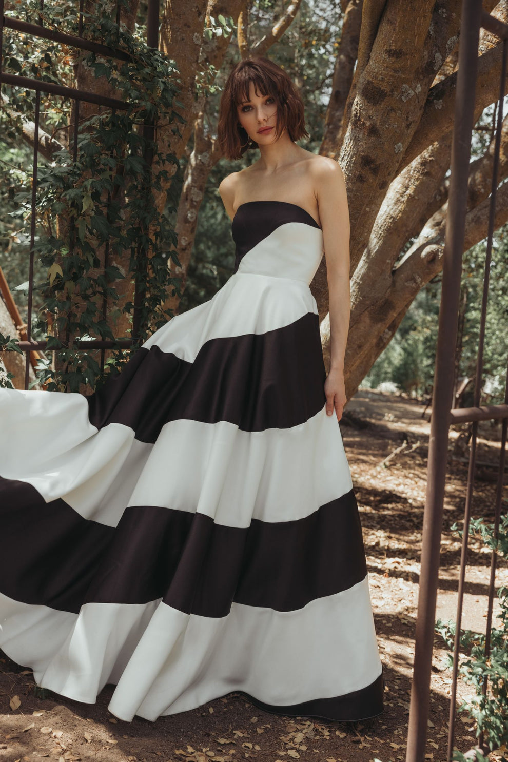 Mac Duggal Striped Satin Strapless Ball Gown, Womens, 8, Black Ivory