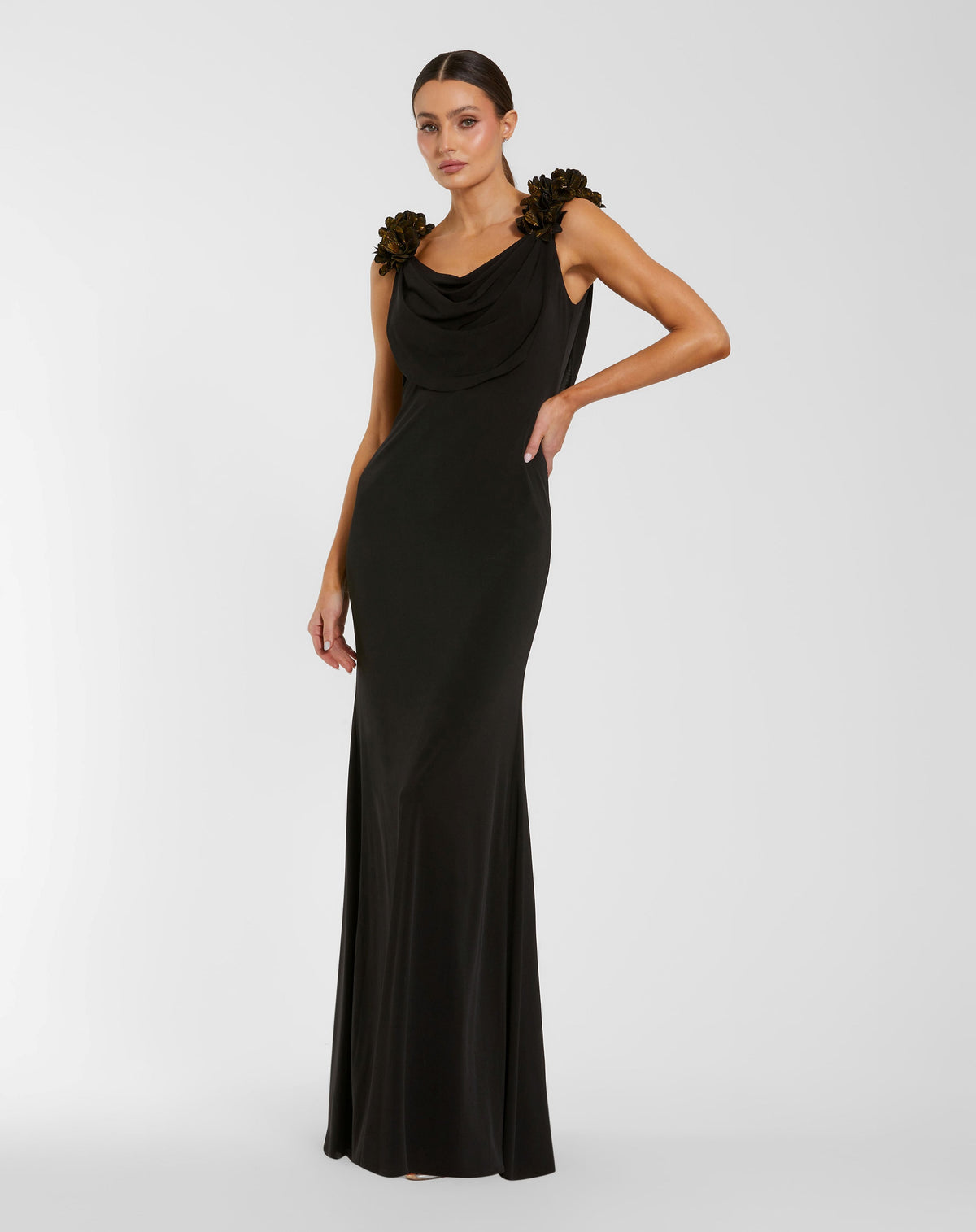 Long Fitted Formal Gown 3D Floral Mac Duggal 56195 Black Gold front view