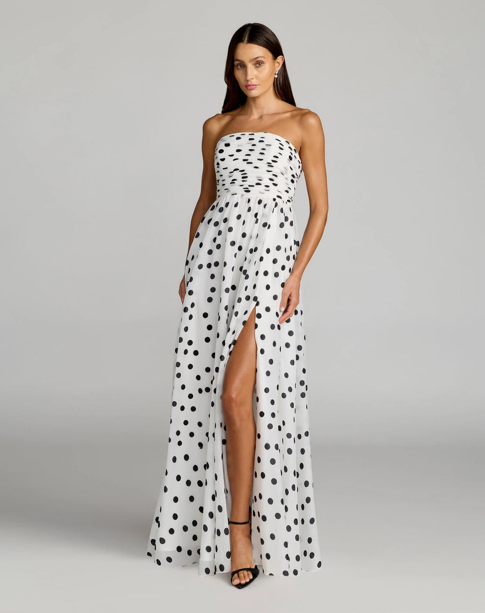 Strapless Long Polka Dot Prom Dress by Mac Duggal 56248 in Black Ivory