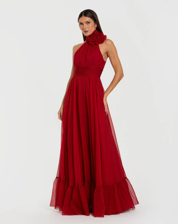 Long Pleated 3D Floral Applique Dress Prom Formal Mac Duggal 56254
