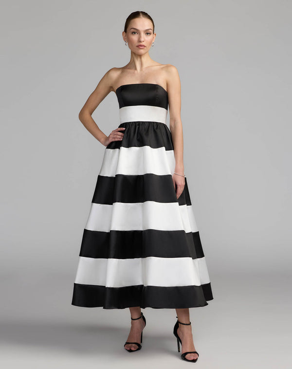 Strapless Straight Neck Tea-Length Satin Formal A-Line Mac Duggal 56281