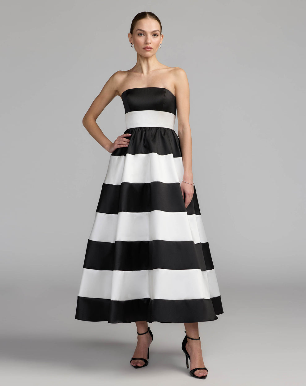 Strapless Straight Neck Tea-Length Satin Formal A-Line Mac Duggal 56281