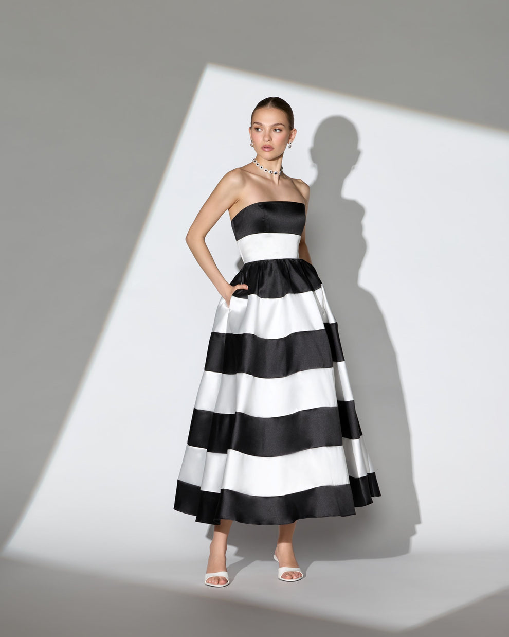 Strapless Straight Neck Tea-Length Satin Formal A-Line Mac Duggal 56281