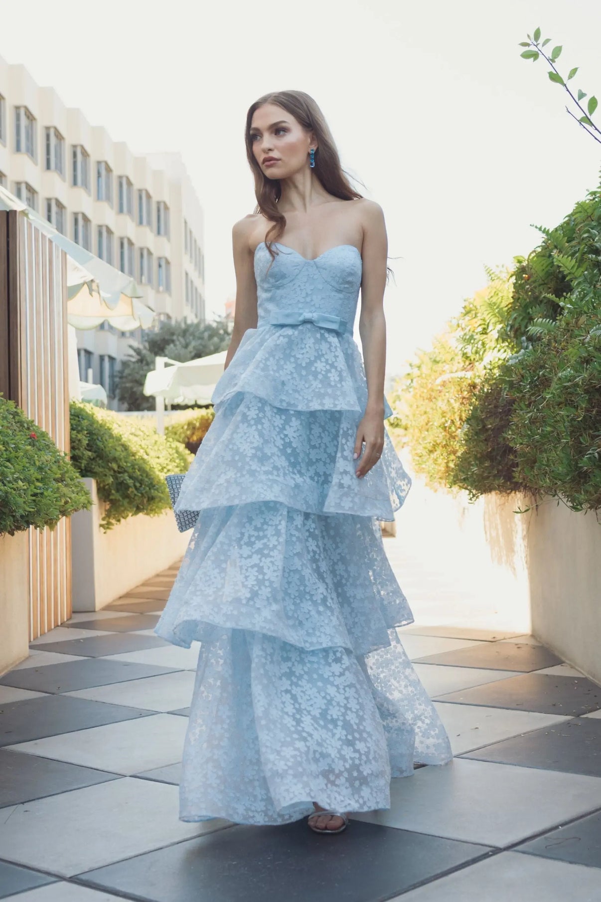 Strapless Tiered Floral Organza Ball Gown by Mac Duggal 56298 in Powder Blue