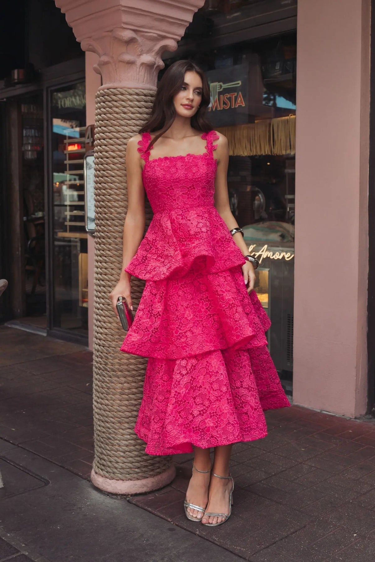 Square Neck Midi Lace Cocktail Dress by Mac Duggal 56322 in Hot Pink