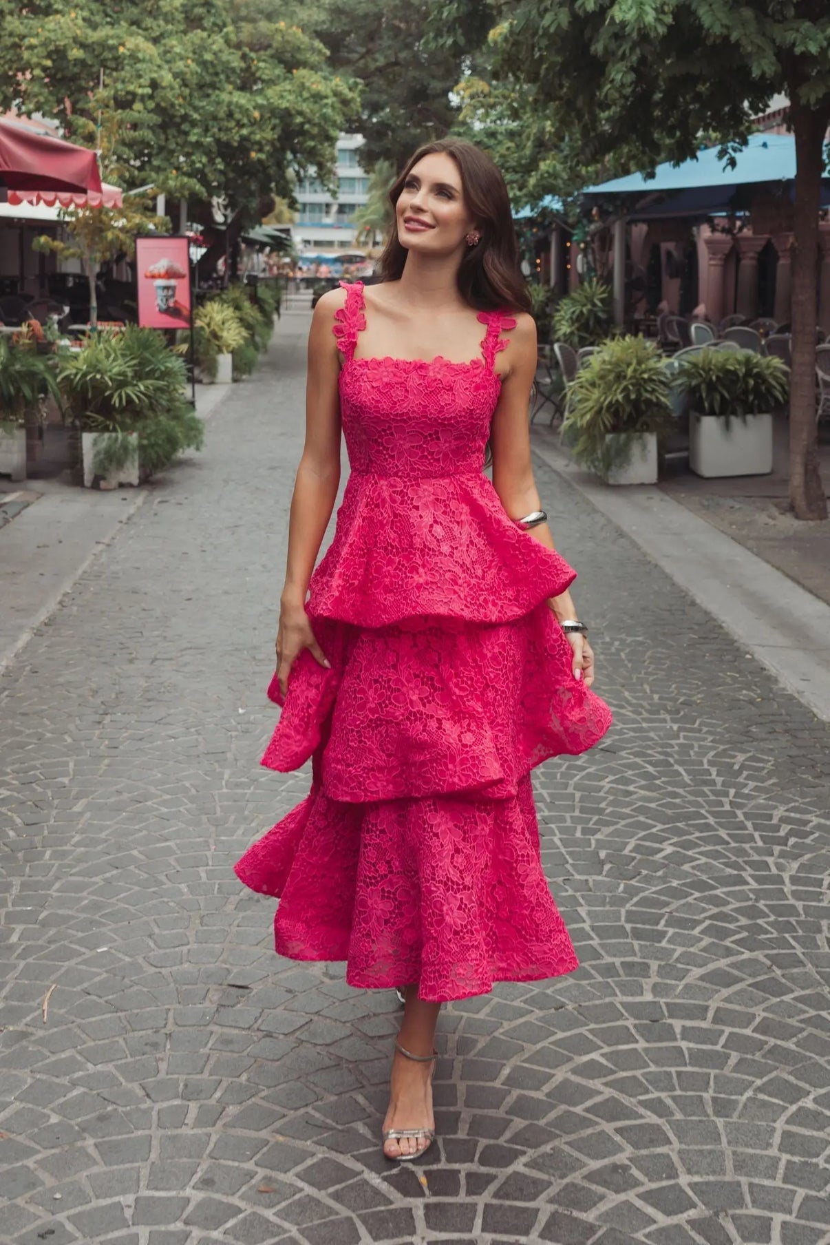 Square Neck Midi Lace Cocktail Dress by Mac Duggal 56322 in Hot Pink