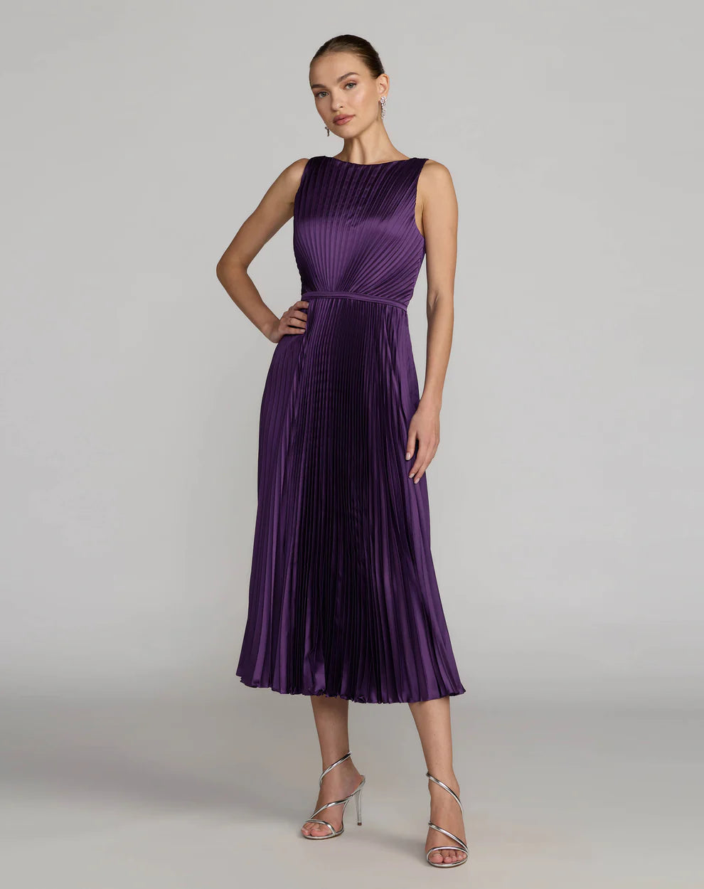 Purple Bateau Midi Pleated Satin Cocktail Dress Petite Dress Mac Duggal 9956326P