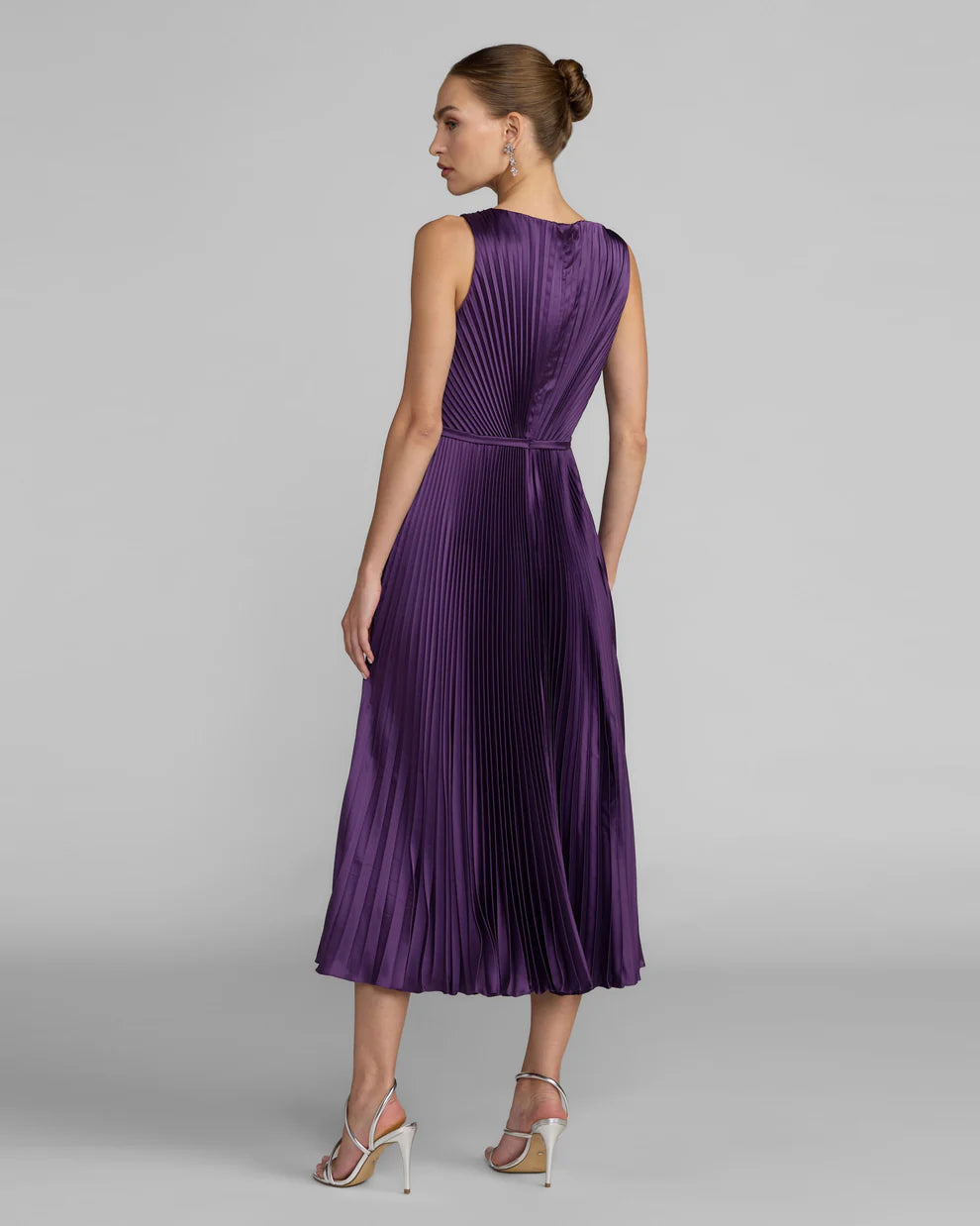 Purple Bateau Midi Pleated Satin Cocktail Dress Petite Dress Mac Duggal 9956326P