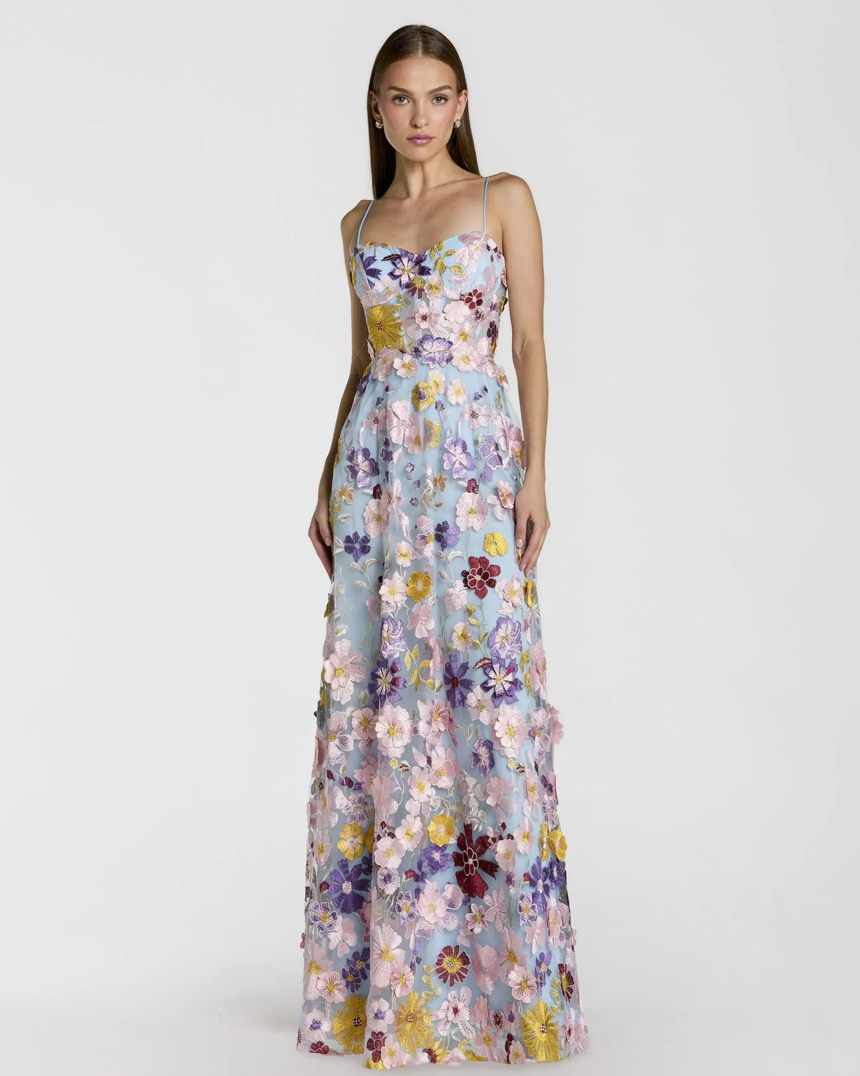 Sweetheart A-Line Floral Embroidered Prom Gown by Mac Duggal 56331 in Powder Blue Multi