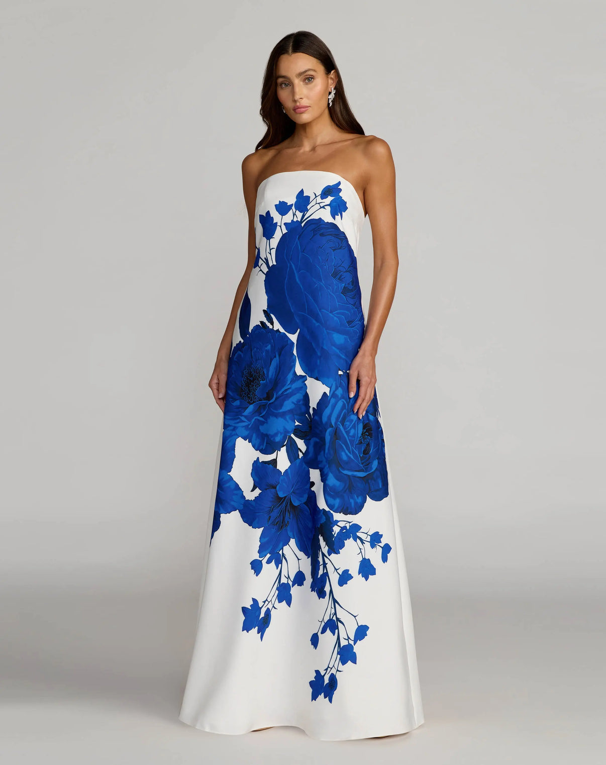 Strapless Floor-Length Floral Formal Gown by Mac Duggal 56344 in White Multi