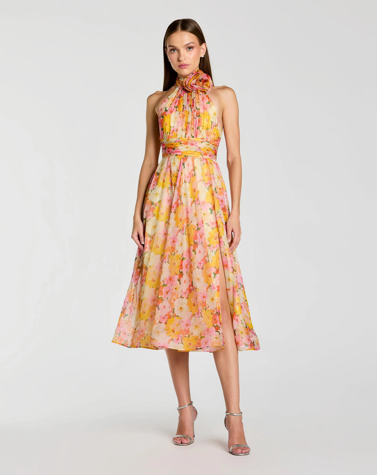 Halter Midi Floral Cocktail Dress by Mac Duggal 56348 in Yellow Multi