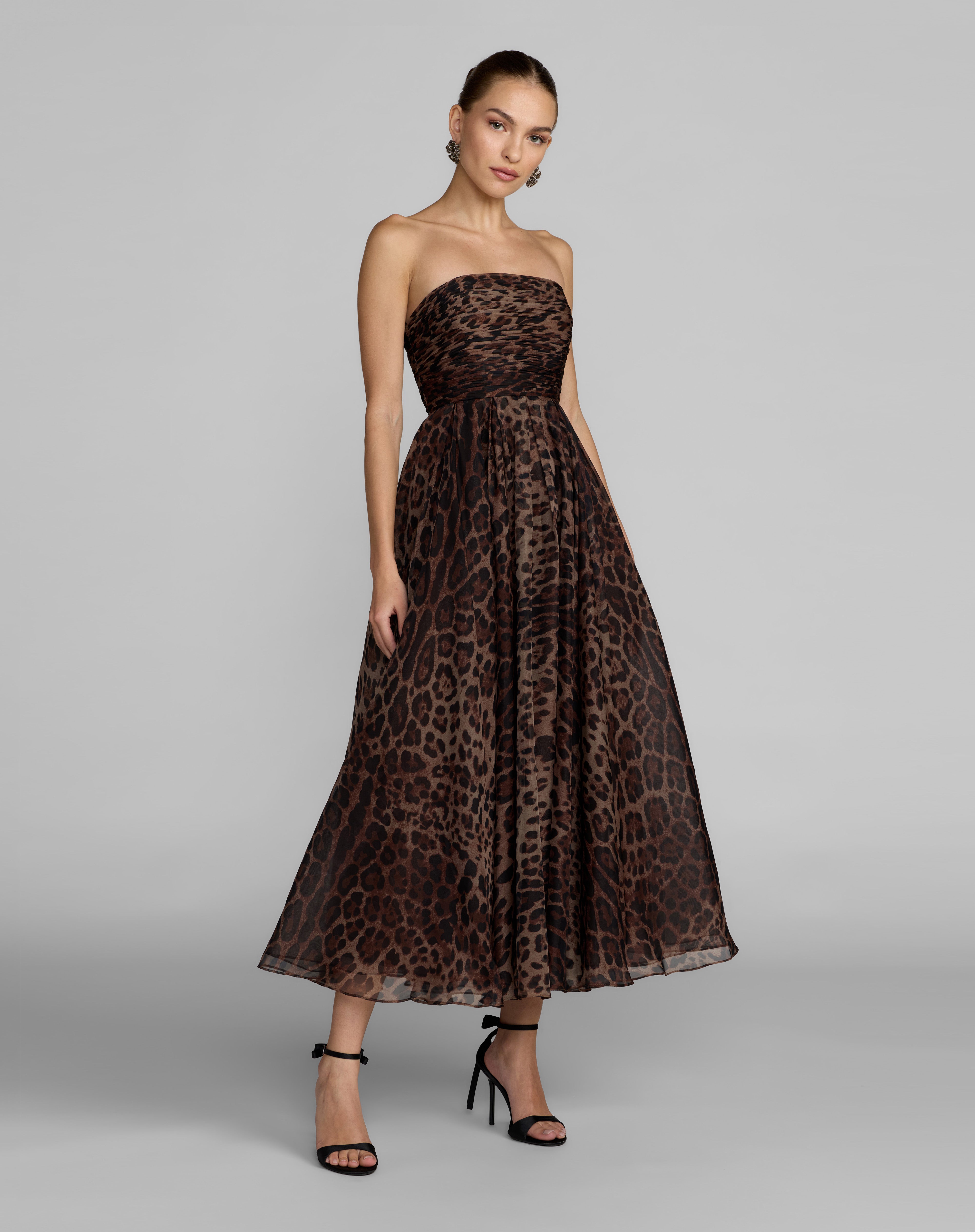 Strapless Midi Chiffon Cocktail Animal Print A-Line Dress Mac Duggal 56350 β The Dress Outlet