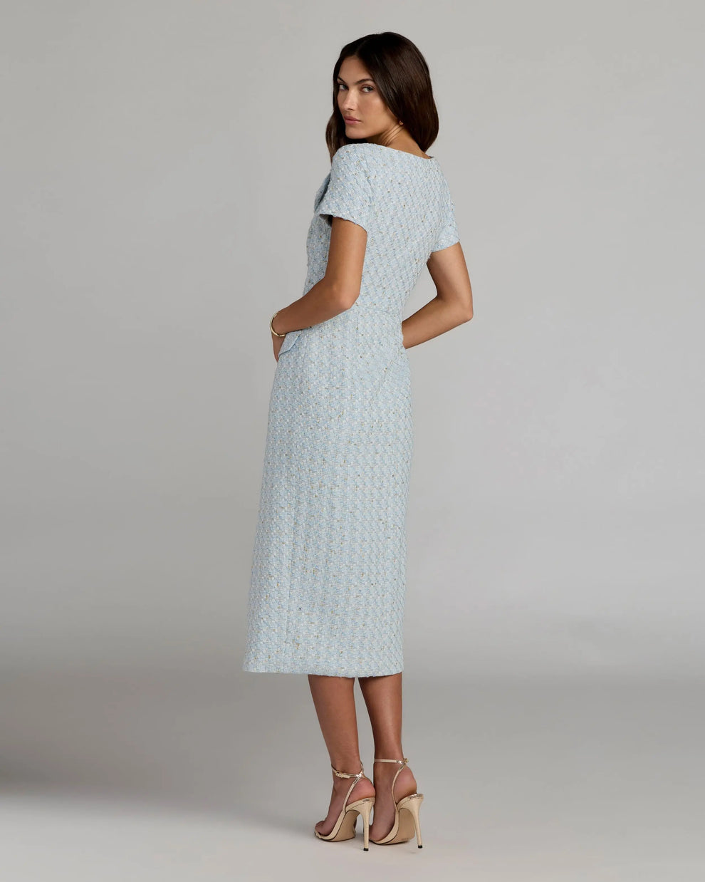 V-Neck Midi Tweed Cocktail Dress by Mac Duggal 56374 in Powder Blue