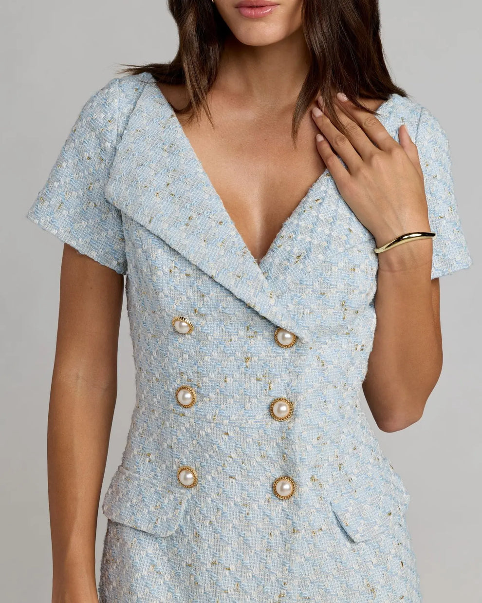 V-Neck Midi Tweed Cocktail Dress by Mac Duggal 56374 in Powder Blue