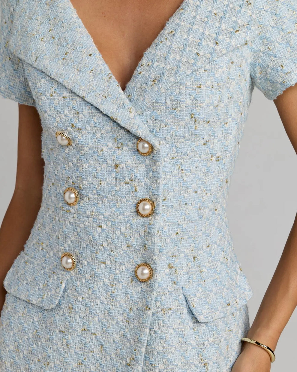 V-Neck Midi Tweed Cocktail Dress by Mac Duggal 56374 in Powder Blue