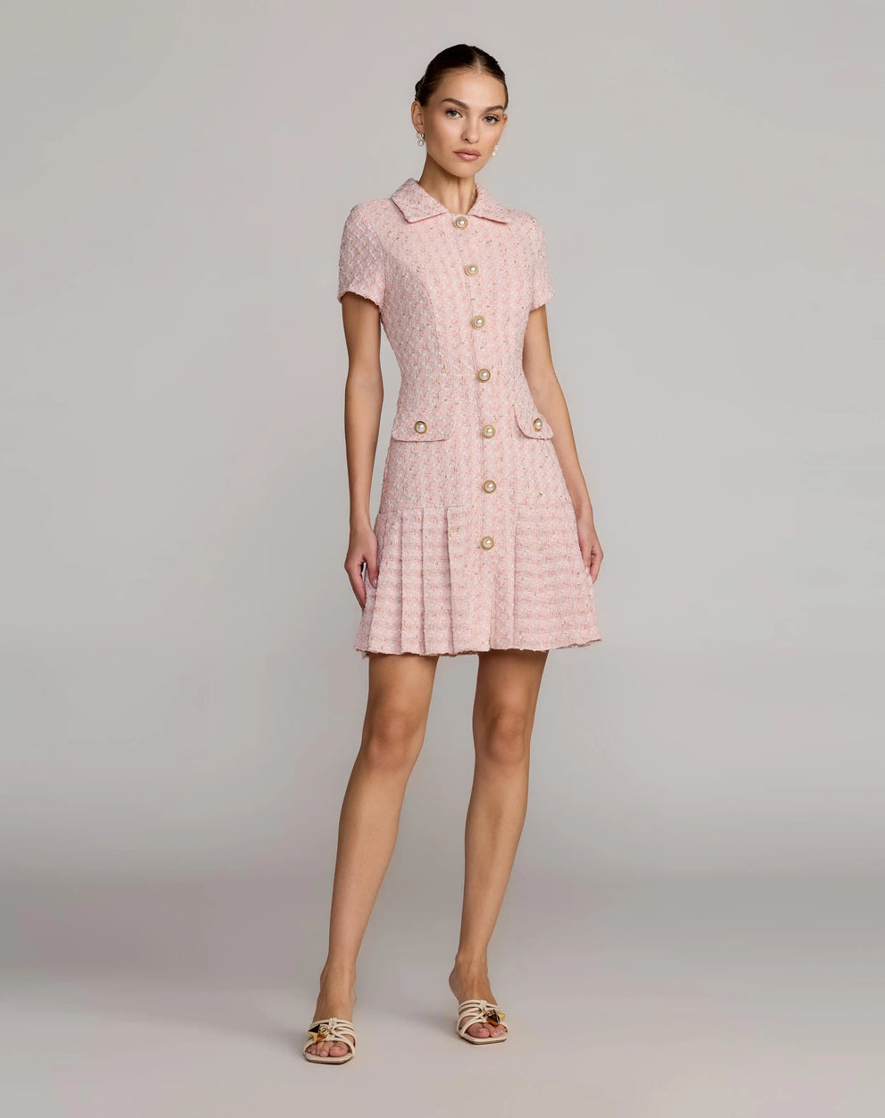 Pink Bouclé Button Front Mini Dress