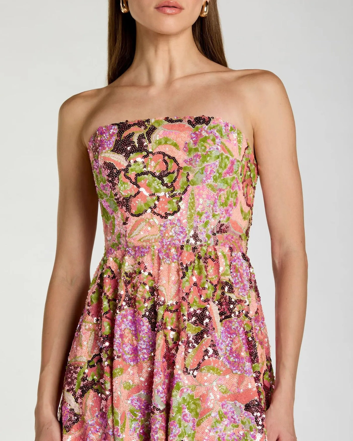Strapless Tea-Length Floral Cocktail Dress by Mac Duggal 56386 in Orchid Multi