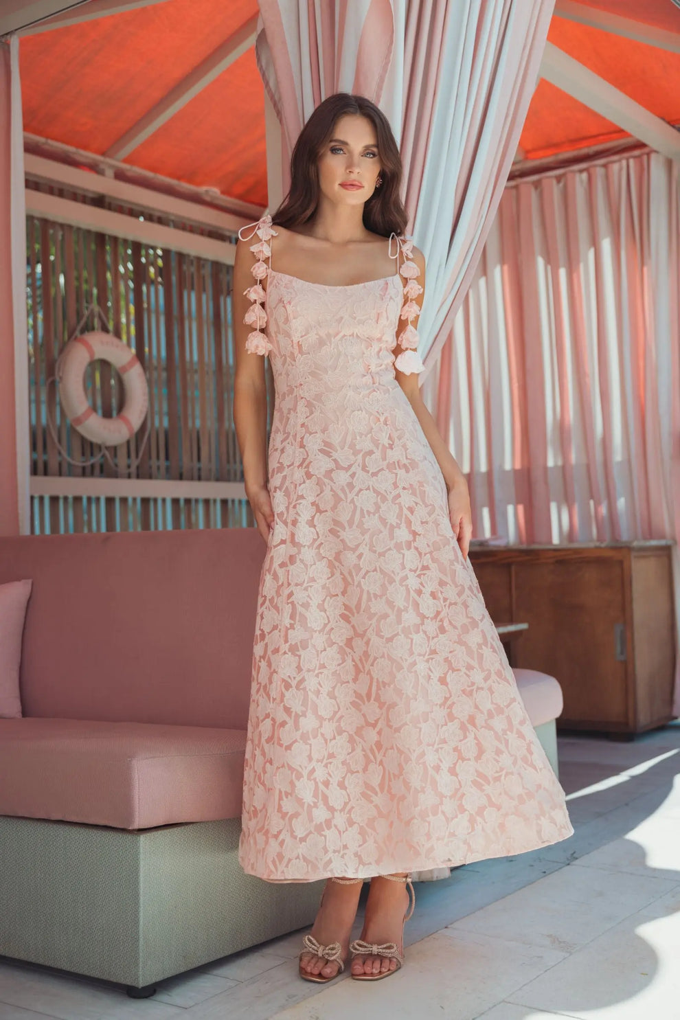 Blossom Pink Scoop Neck Tea-Length Lace Cocktail A-Line Dress with 3D Floral Straps Mac Duggal 56391
