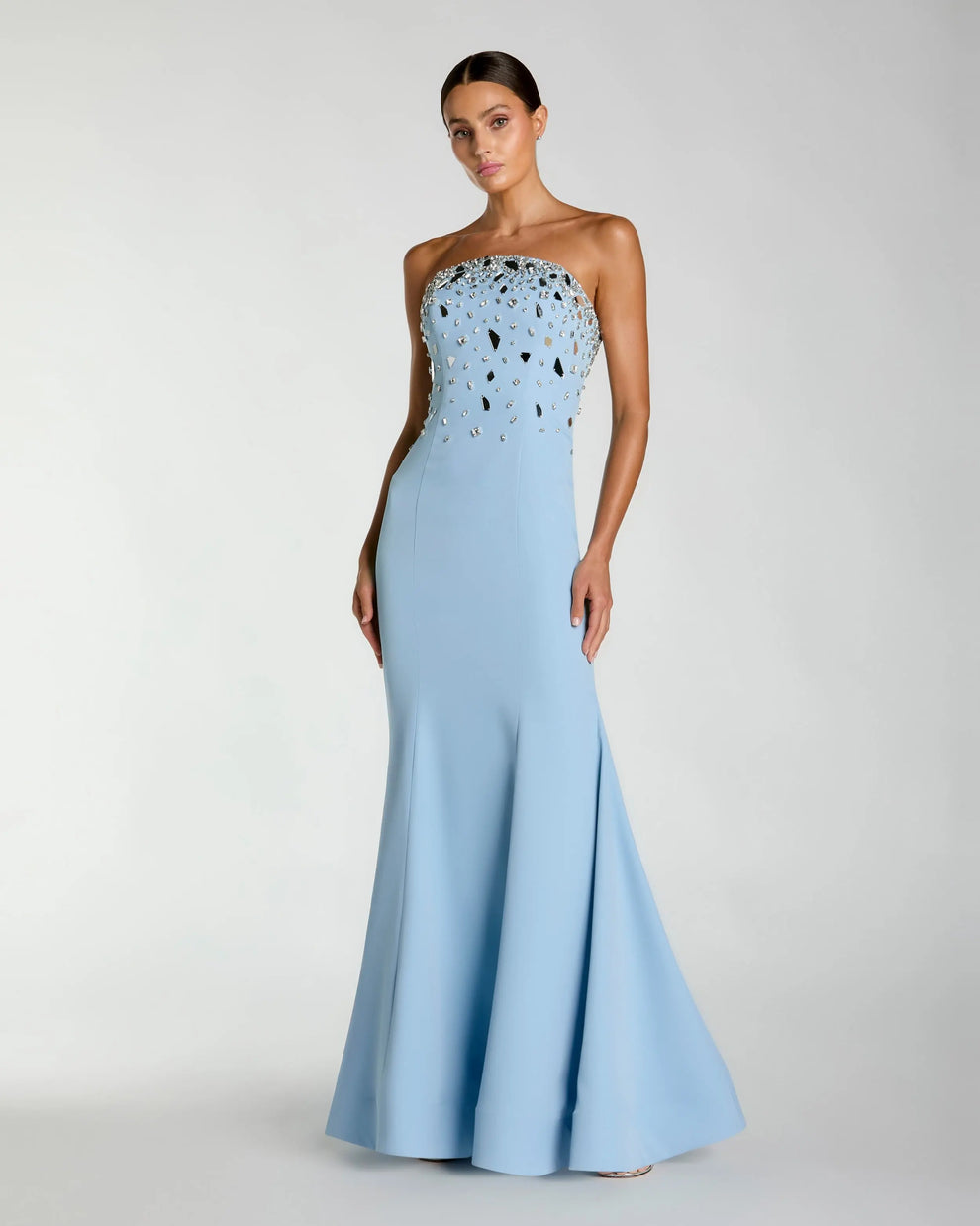 Strapless Long Crepe Evening Gown by Mac Duggal 56393 in Powder Blue