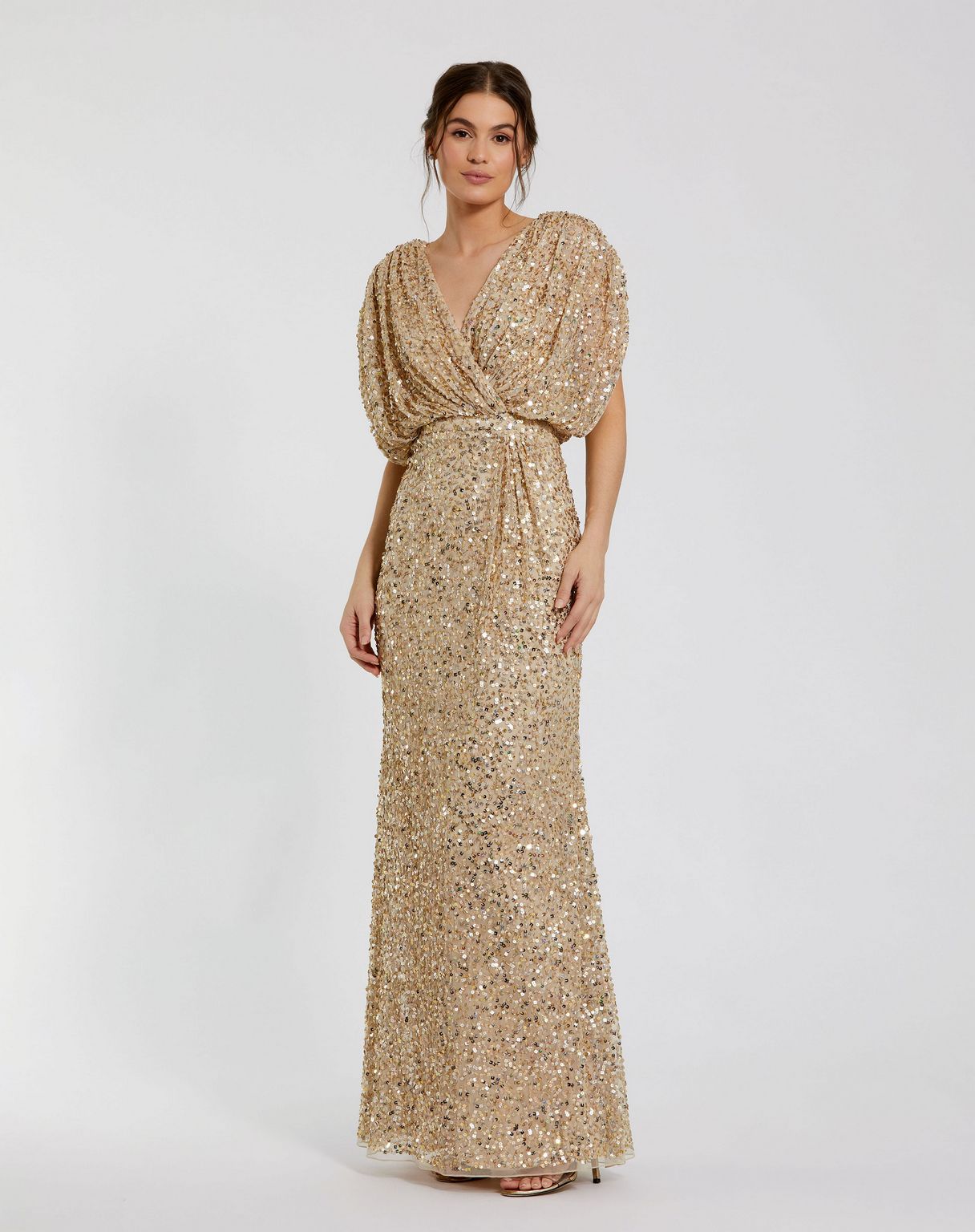 Mac Duggal - Blue Sequin Draped Sleeve V-Neck Gown - US 14 Mac Duggal - Blue Sequin Draped Sleeve V-Neck Gown - US 14