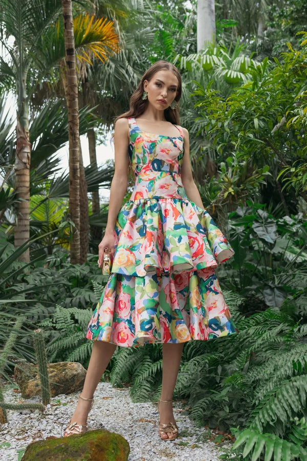 Scoop Neck Midi Floral Cocktail Dress by Mac Duggal 56414