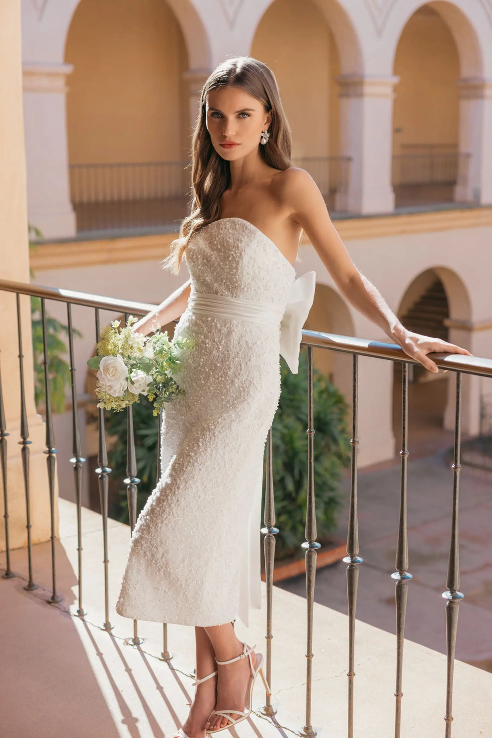 Strapless Tea-Length Sequin Wedding Dress by Mac Duggal 56416