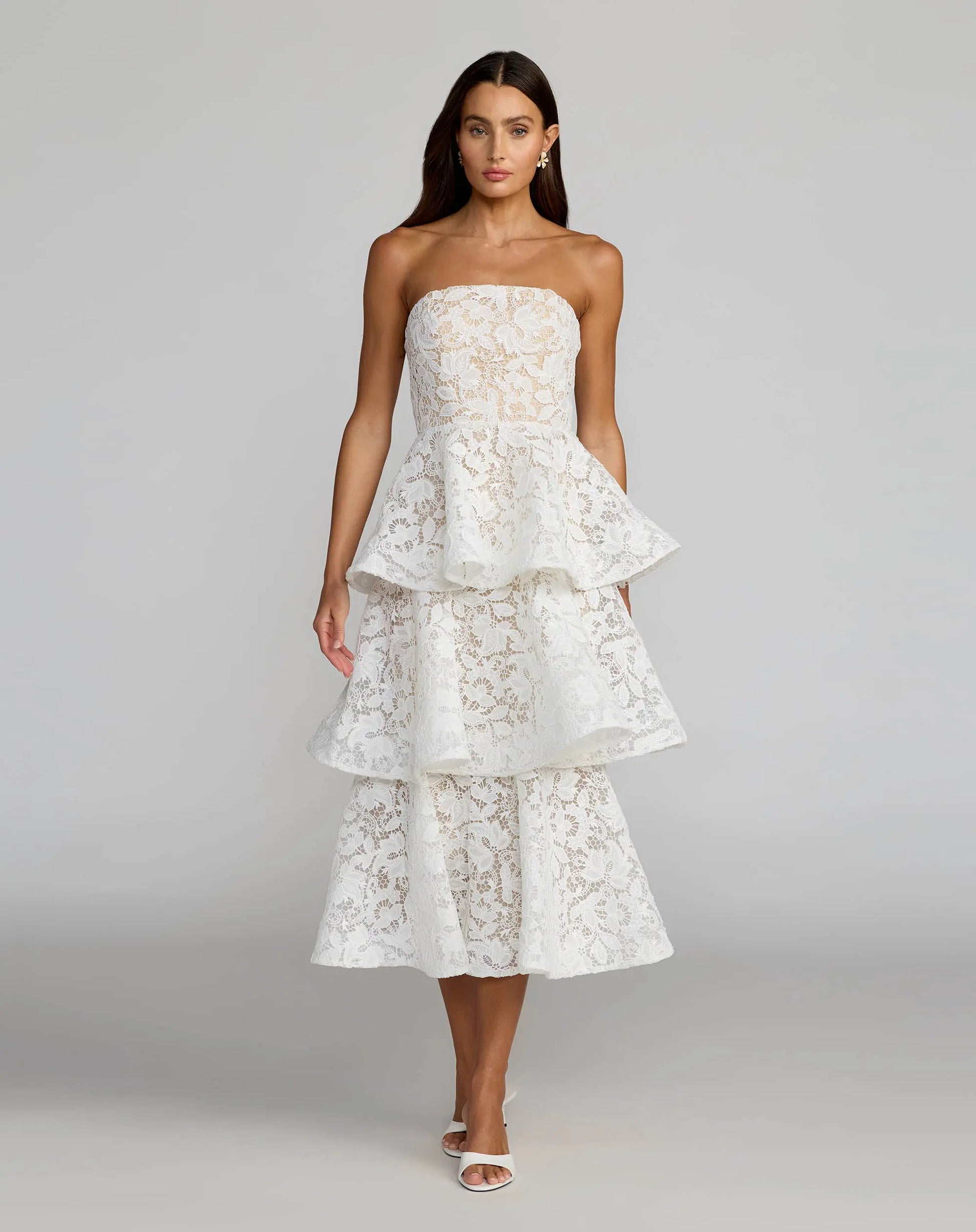 Wedding Dresses Midi Ruffle Short Lace Wedding Dress Mac Duggal 56419 Ivory