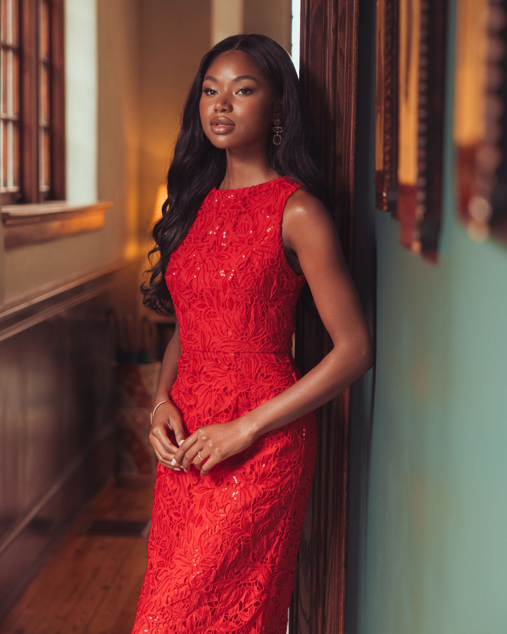 Crew/High-Neck Floor-Length Lace Formal Sheath Mac Duggal 56435