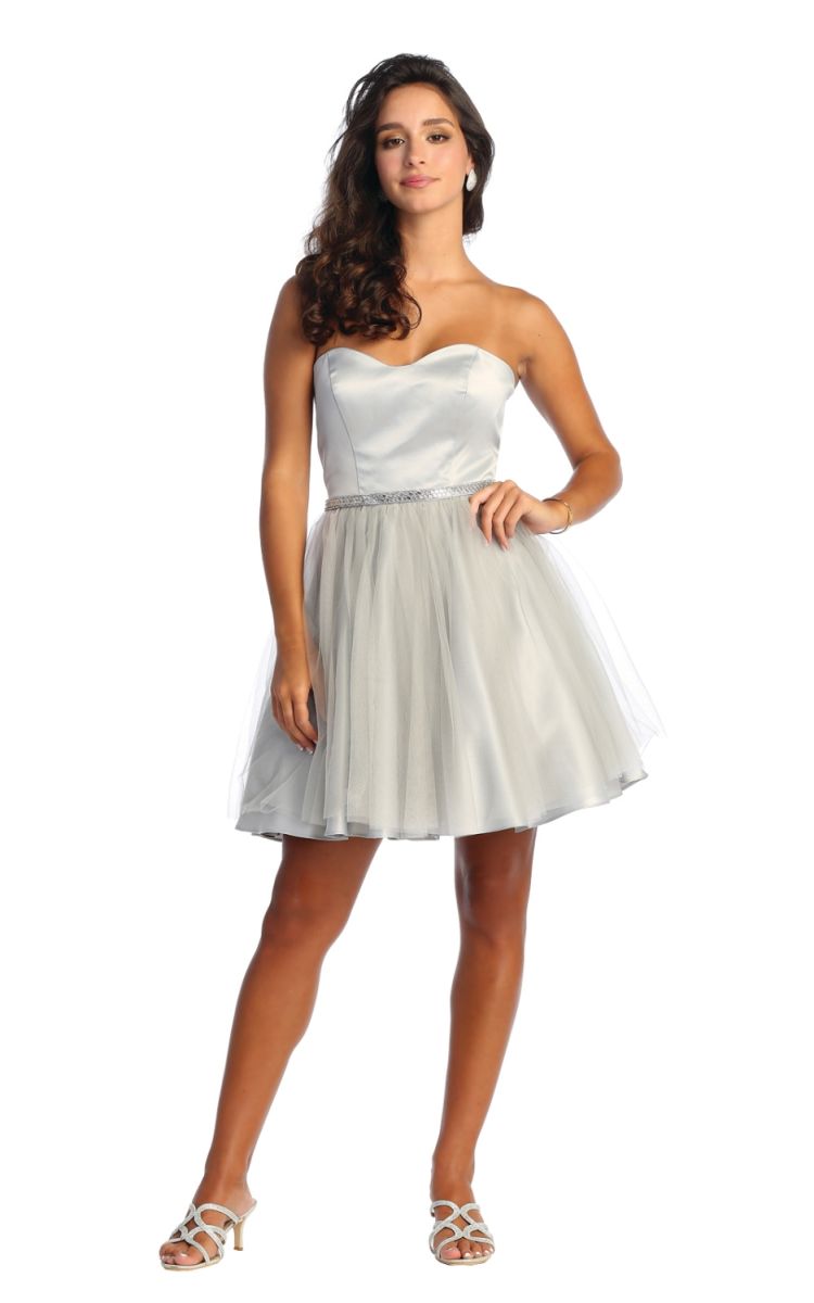 Strapless Curved Neck Mini Short Satin Cocktail A-Line May Queen 1895