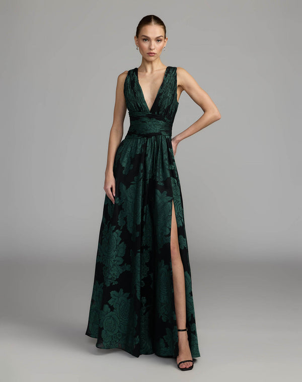 V-Neck Floor-Length Satin Prom A-Line Mac Duggal 56487