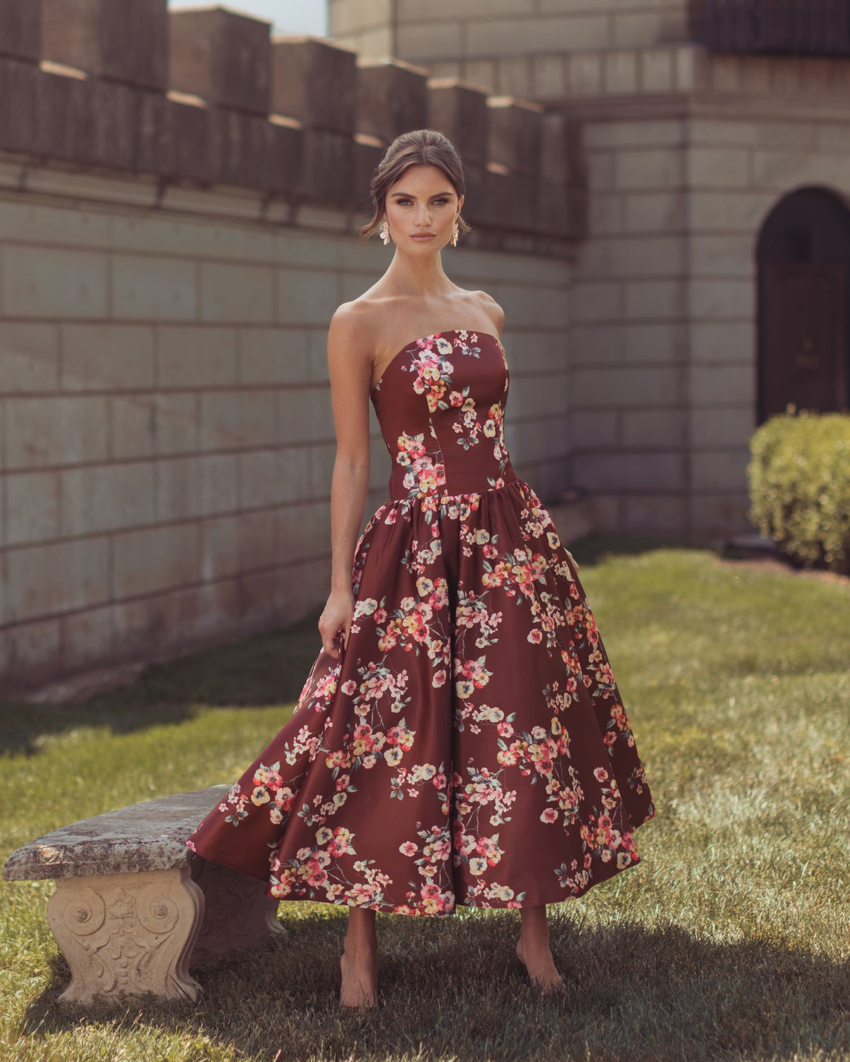 Strapless Straight Neck Tea-Length Satin Cocktail A-Line Mac Duggal 56504