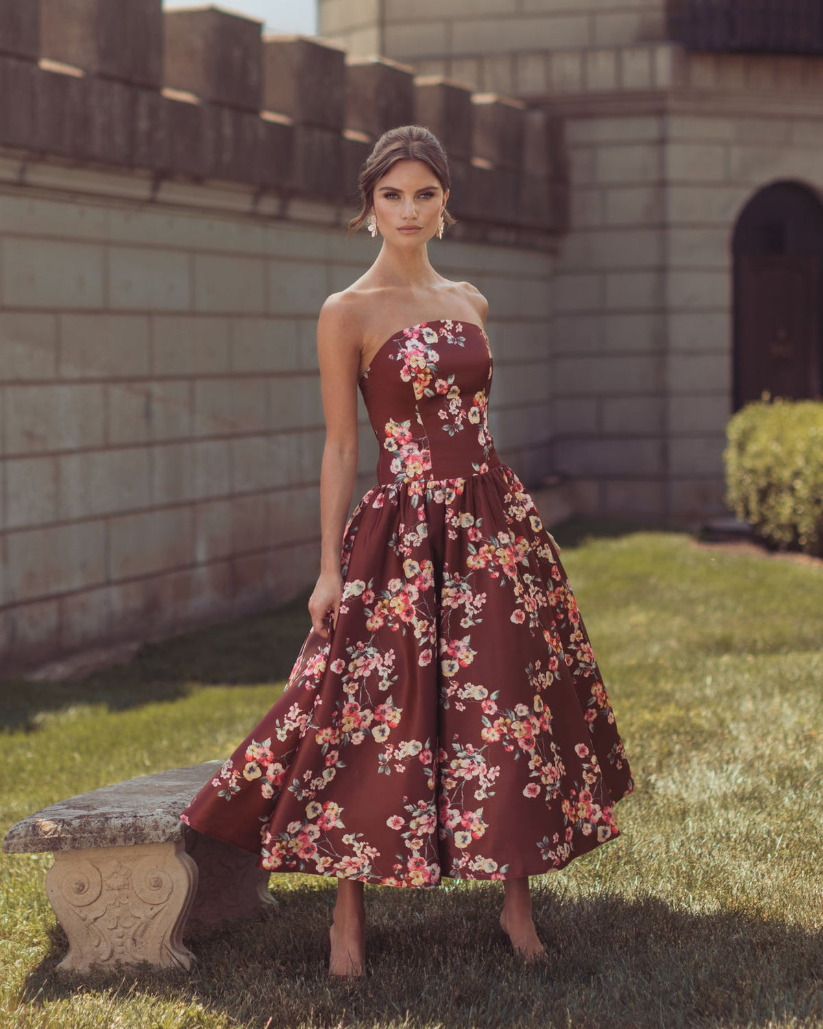 Strapless Straight Neck Tea-Length Satin Cocktail A-Line Mac Duggal 56504